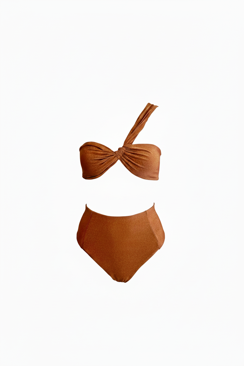 Mannequin wearing a rust-colored swimsuit on a white background